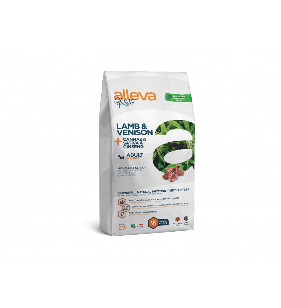 Cordero &amp; Venado + Cannabis sativa &amp; Ginseng. Alimento completo para perros adultos de talla pequeña y extra pequeña