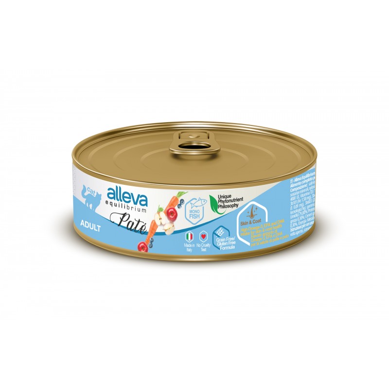 Pack de 12 latas de comida húmeda Alleva Equilibrium Paté Salmón para gatos adultos, 85 g por lata.